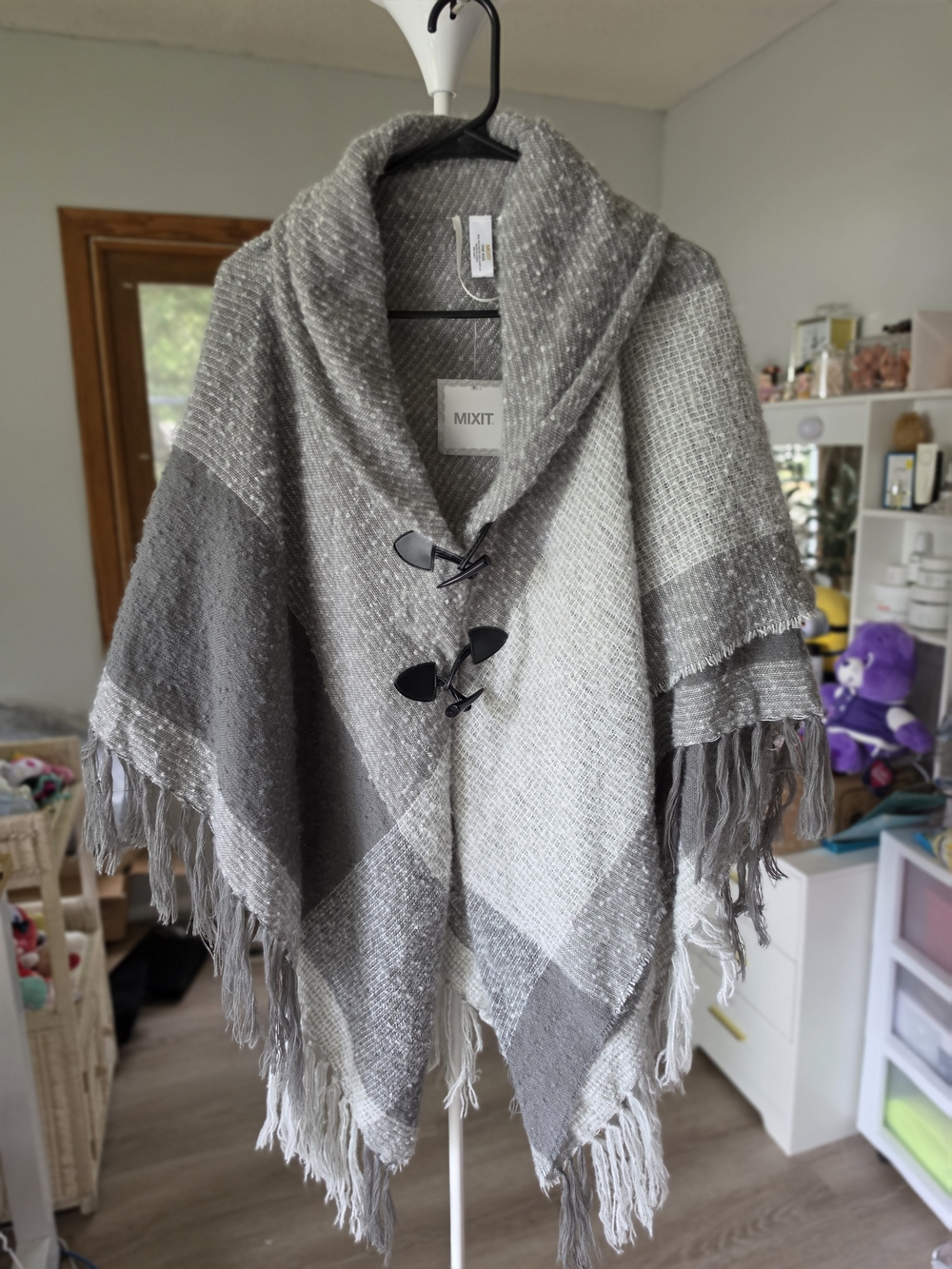 Mixit Gray & White Fringed Shawl Poncho with Toggle Closures